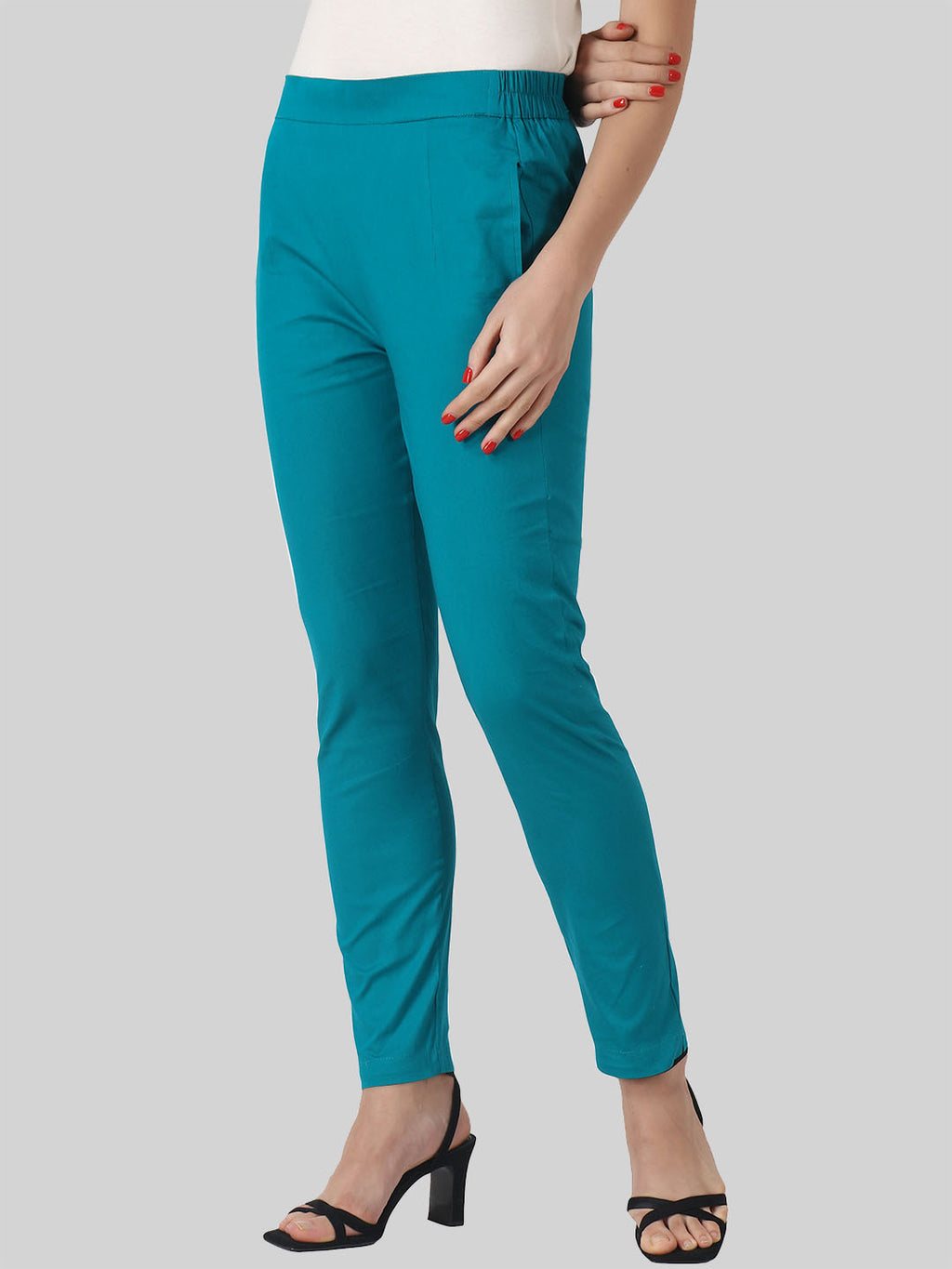 Saundarya Women’s Ankle Length Cotton Pants; Teal Green