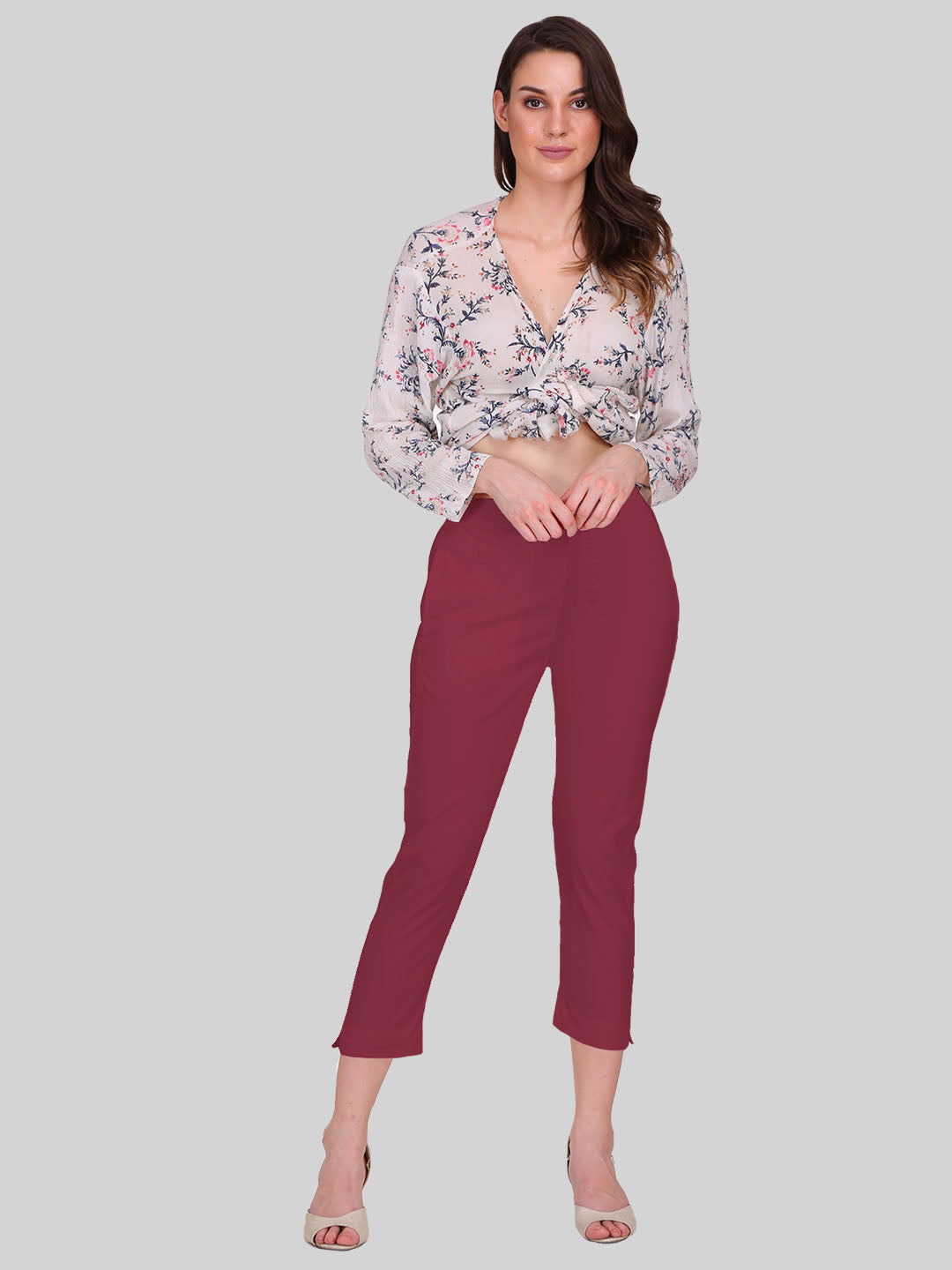 Saundarya Women’s Cropped Cotton Pants; Dark Maroon