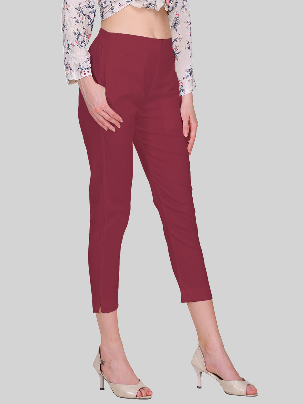 Saundarya Women’s Cropped Cotton Pants; Dark Maroon