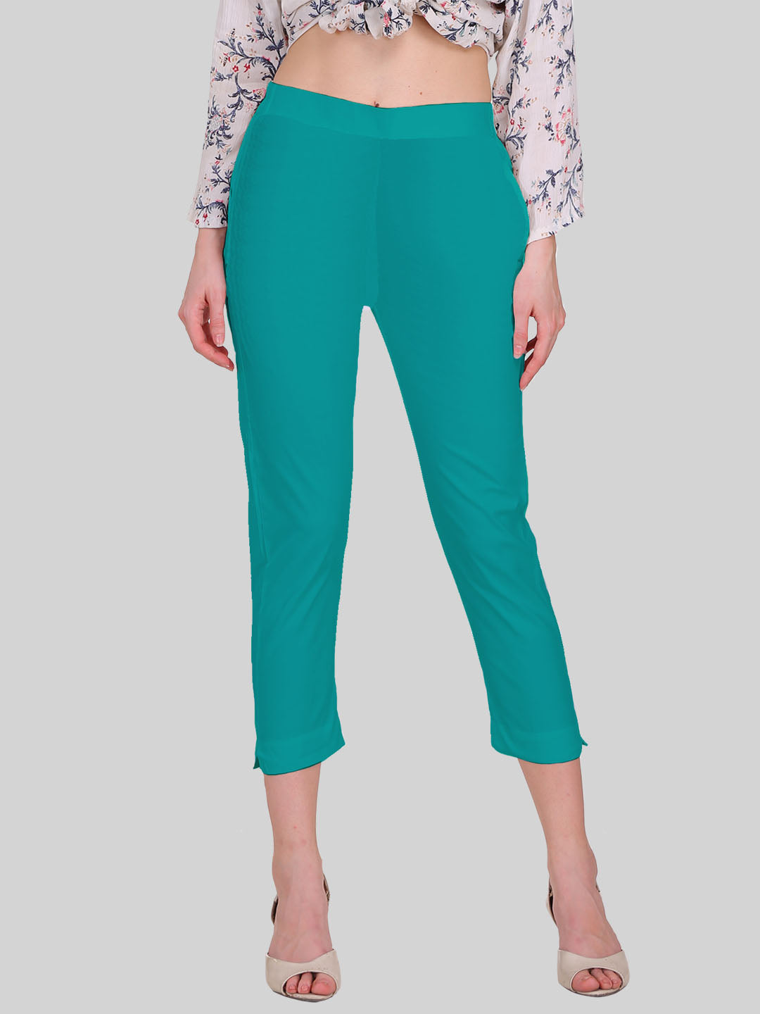 Saundarya Women’s Cropped Cotton Pants; Teal Green