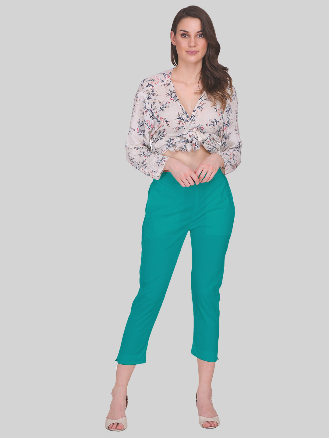 Saundarya Women’s Cropped Cotton Pants; Teal Green