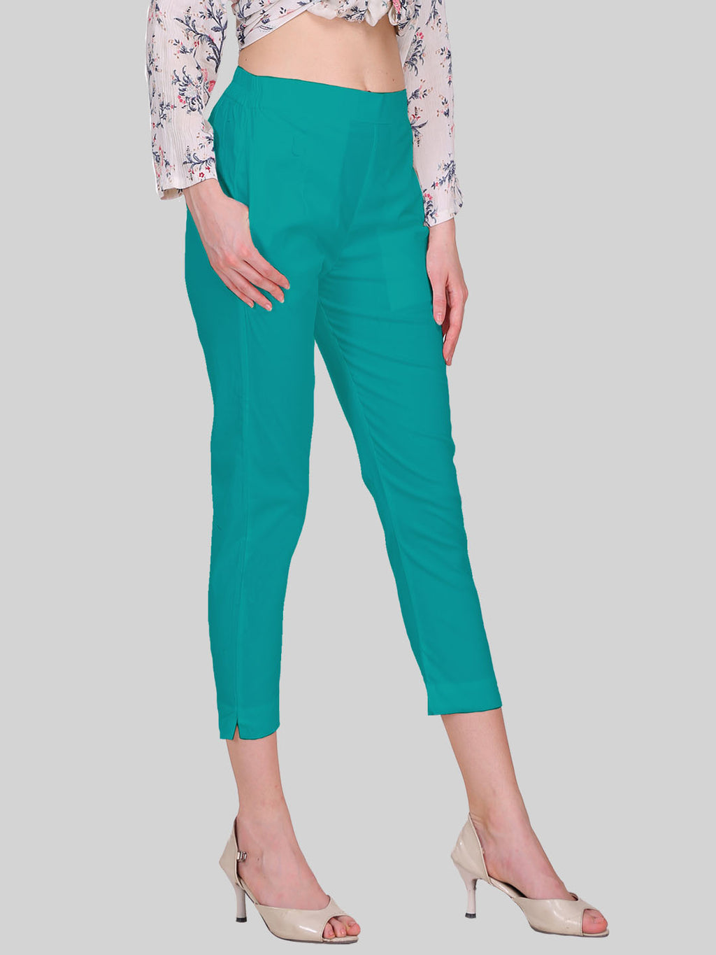Saundarya Women’s Cropped Cotton Pants; Teal Green