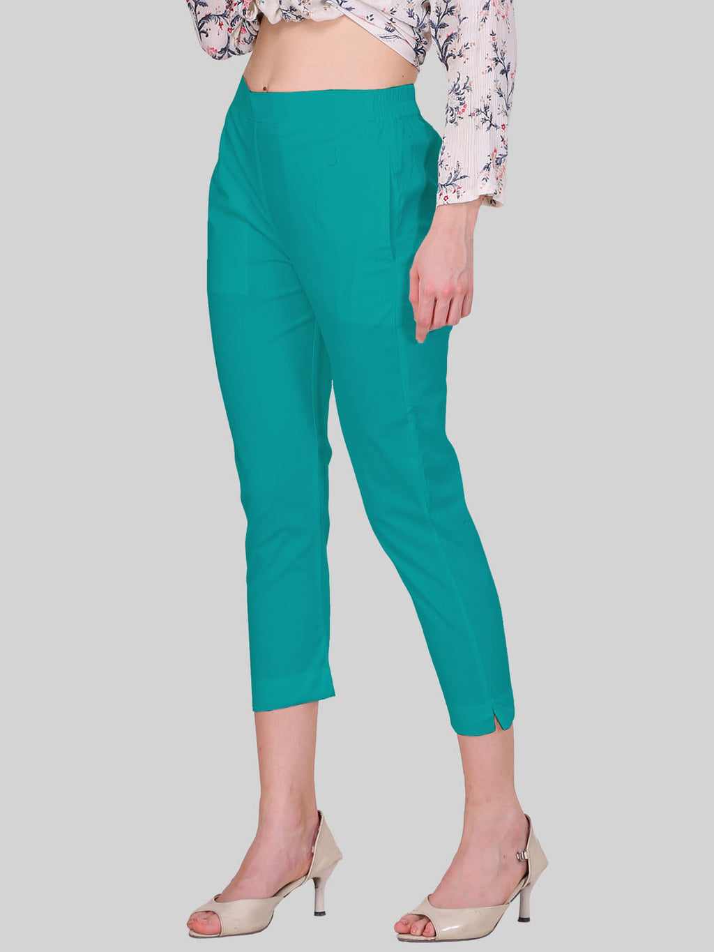 Saundarya Women’s Cropped Cotton Pants; Teal Green
