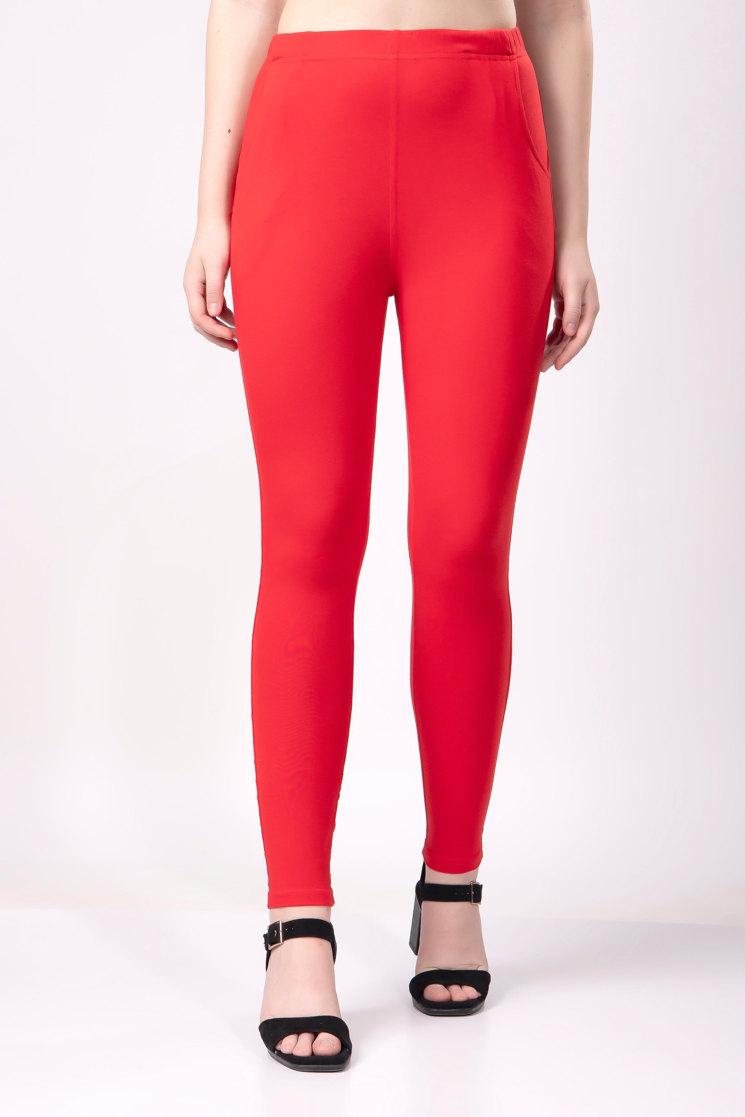 Saundarya Women’s Slim Fit Pocket  Super Combed Cotton Rich Lycra Fabric Tailored Cut Stretchable Solid Plain Color Leggings; Red