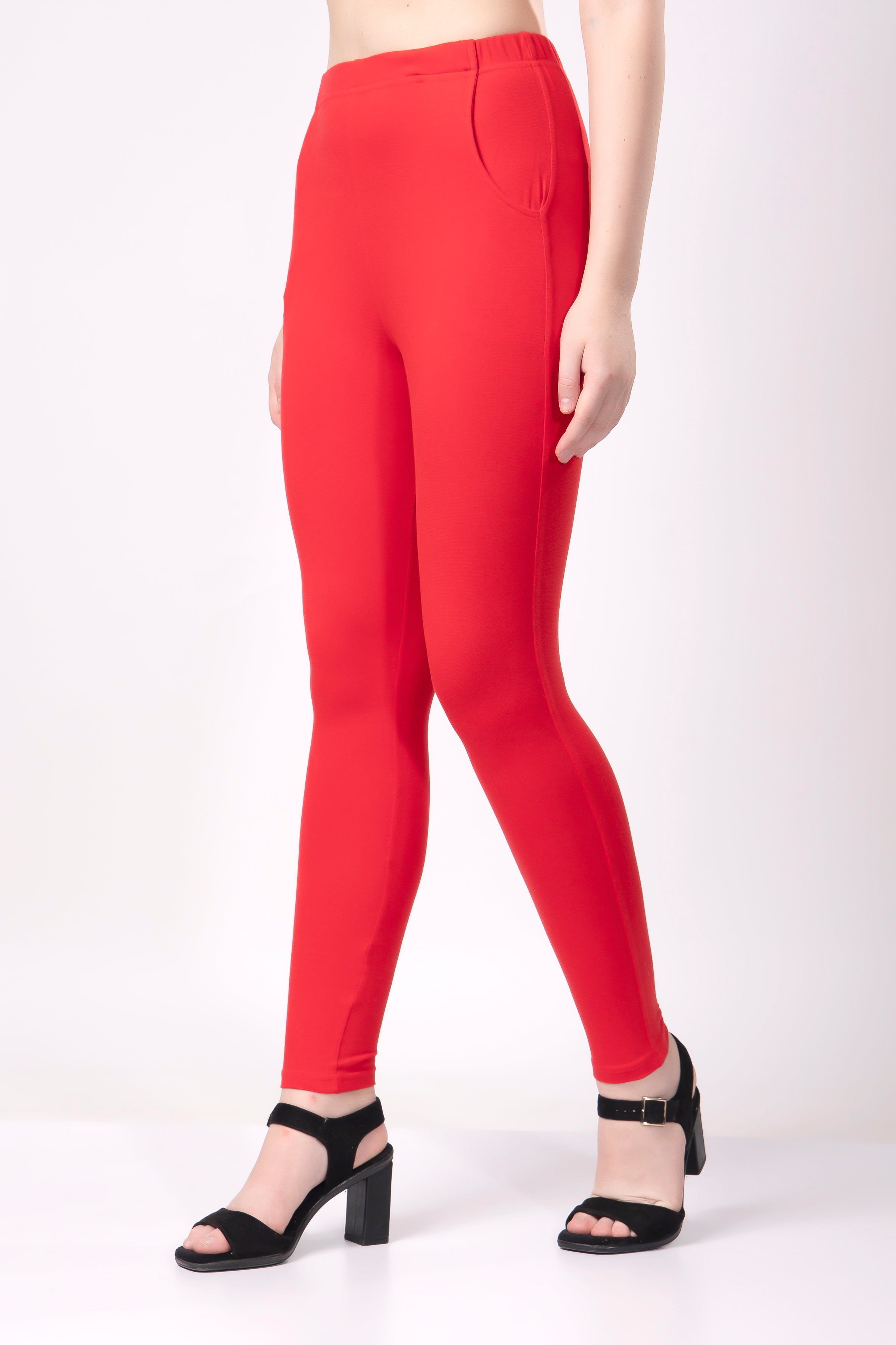 Saundarya Women’s Slim Fit Pocket  Super Combed Cotton Rich Lycra Fabric Tailored Cut Stretchable Solid Plain Color Leggings; Red