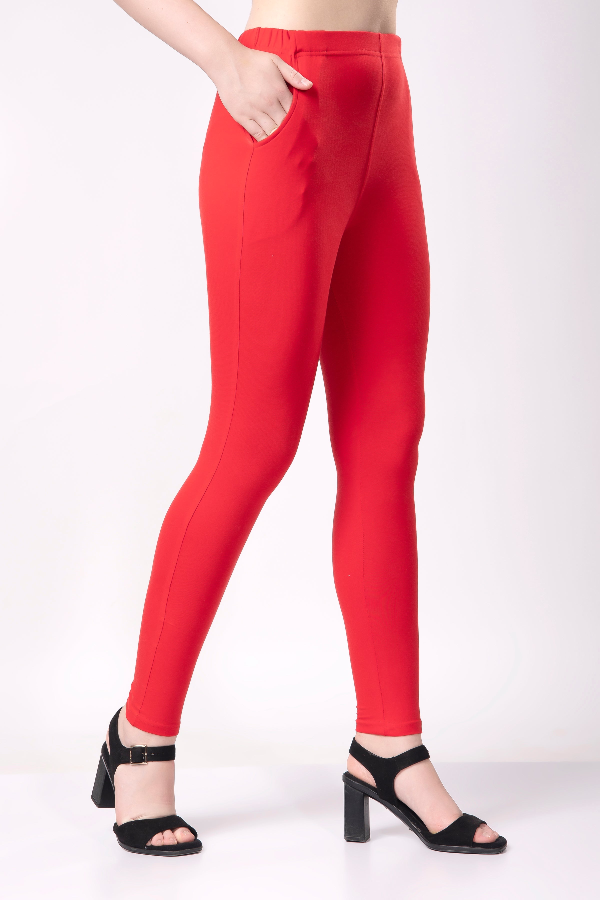 Saundarya Women’s Slim Fit Pocket  Super Combed Cotton Rich Lycra Fabric Tailored Cut Stretchable Solid Plain Color Leggings; Red