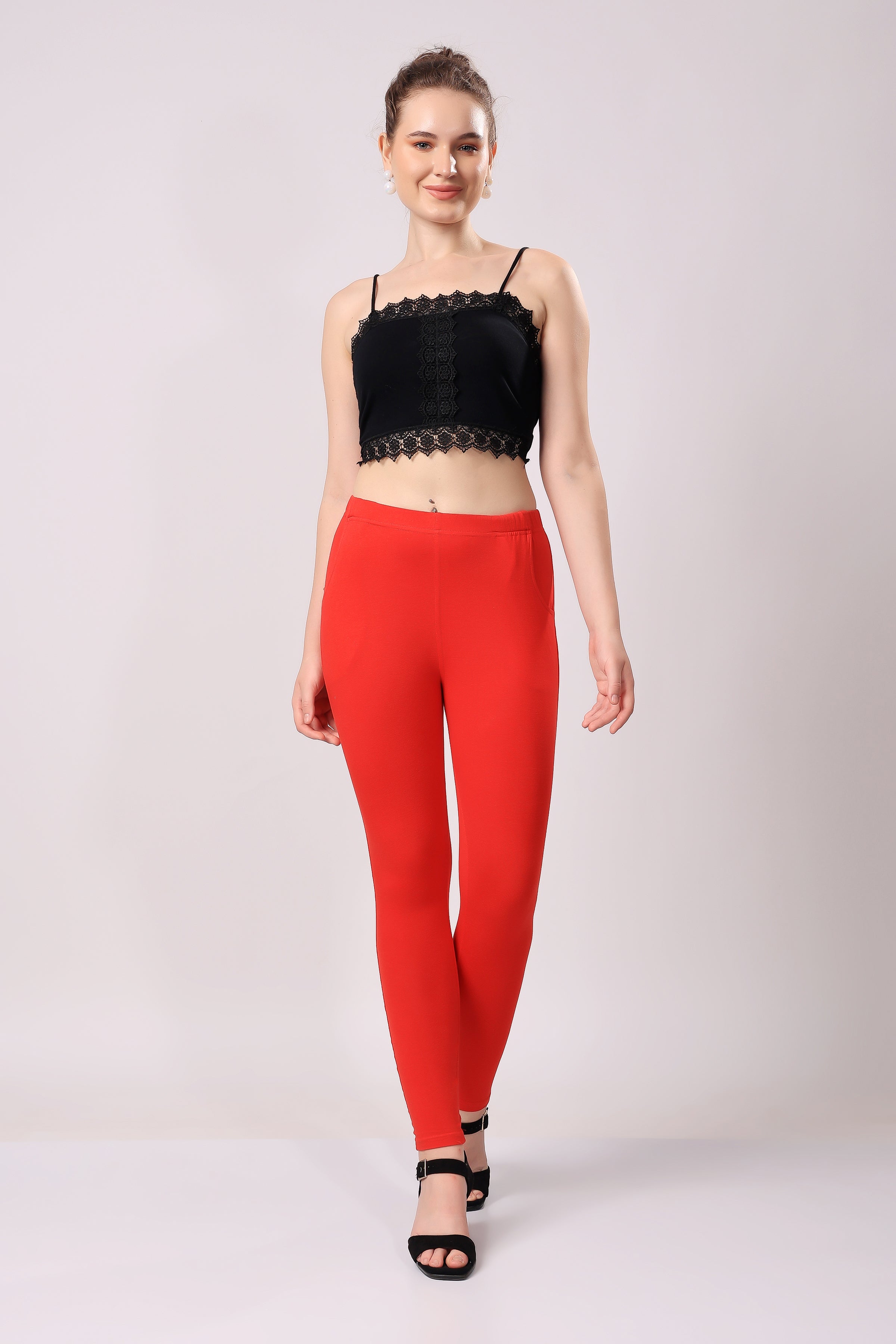 Saundarya Women’s Slim Fit Pocket  Super Combed Cotton Rich Lycra Fabric Tailored Cut Stretchable Solid Plain Color Leggings; Red