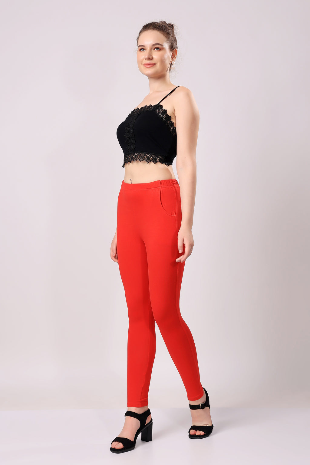 Saundarya Women’s Slim Fit Pocket  Super Combed Cotton Rich Lycra Fabric Tailored Cut Stretchable Solid Plain Color Leggings; Red