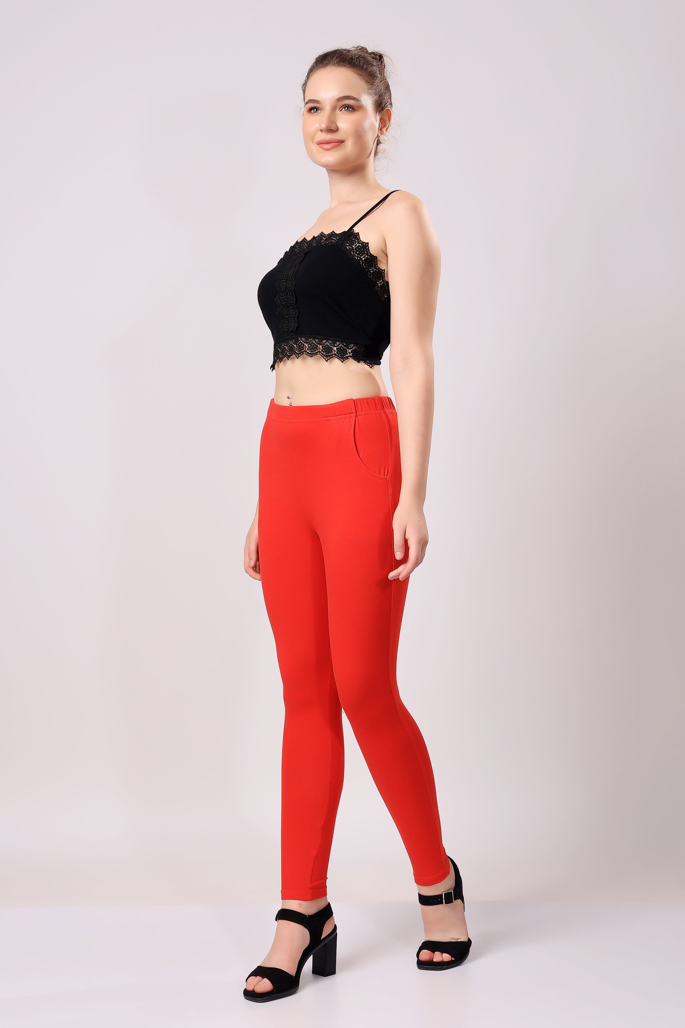 Saundarya Women’s Slim Fit Pocket  Super Combed Cotton Rich Lycra Fabric Tailored Cut Stretchable Solid Plain Color Leggings; Red