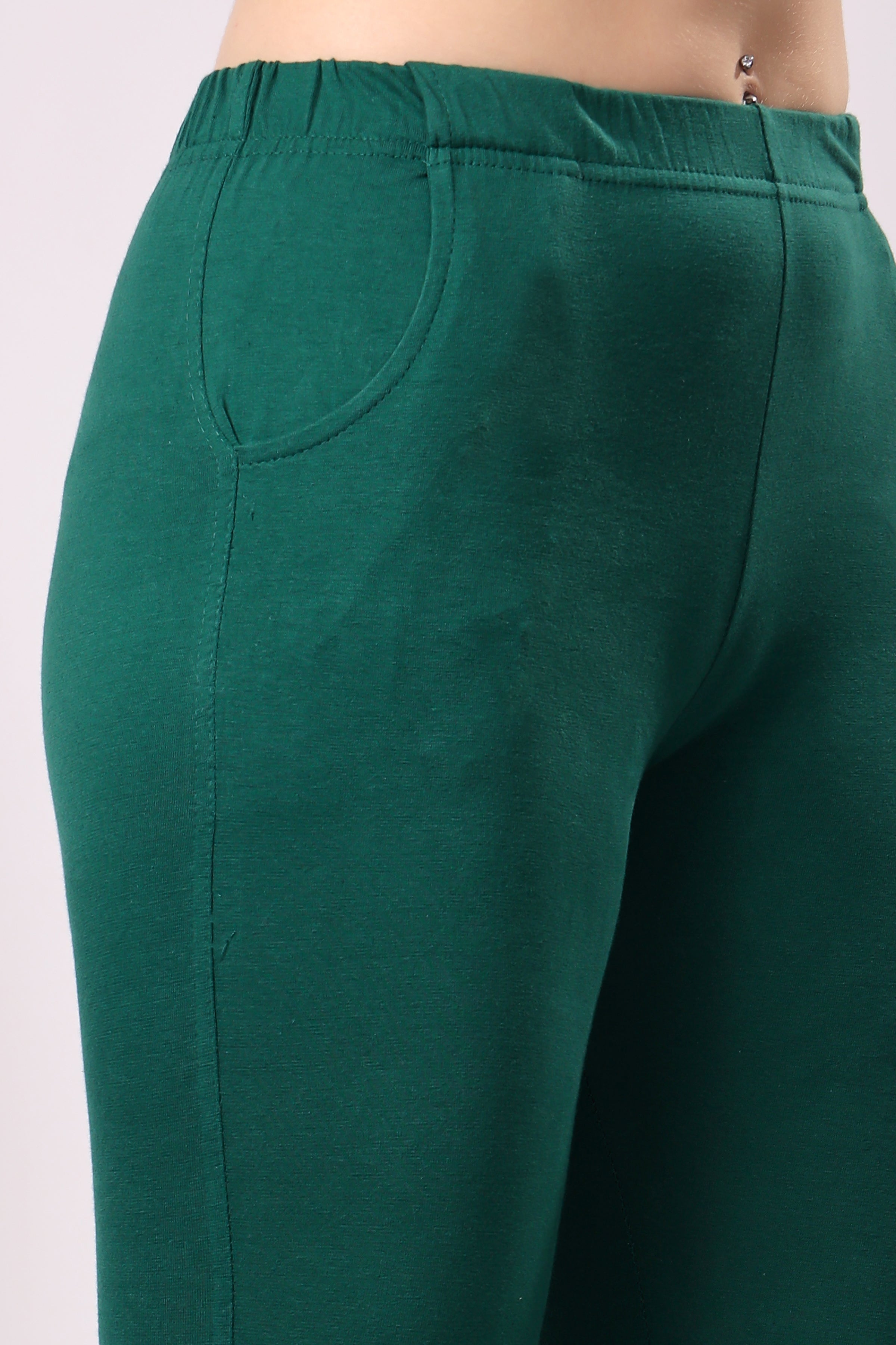 Saundarya Women’s Slim Fit Pocket  Super Combed Cotton Rich Lycra Fabric Tailored Cut Stretchable Solid Plain Color Leggings; Bottle Green