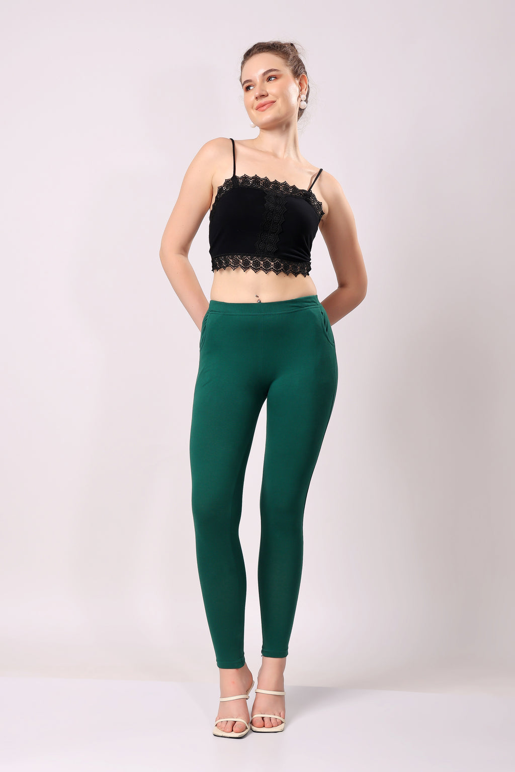 Saundarya Women’s Slim Fit Pocket  Super Combed Cotton Rich Lycra Fabric Tailored Cut Stretchable Solid Plain Color Leggings; Bottle Green