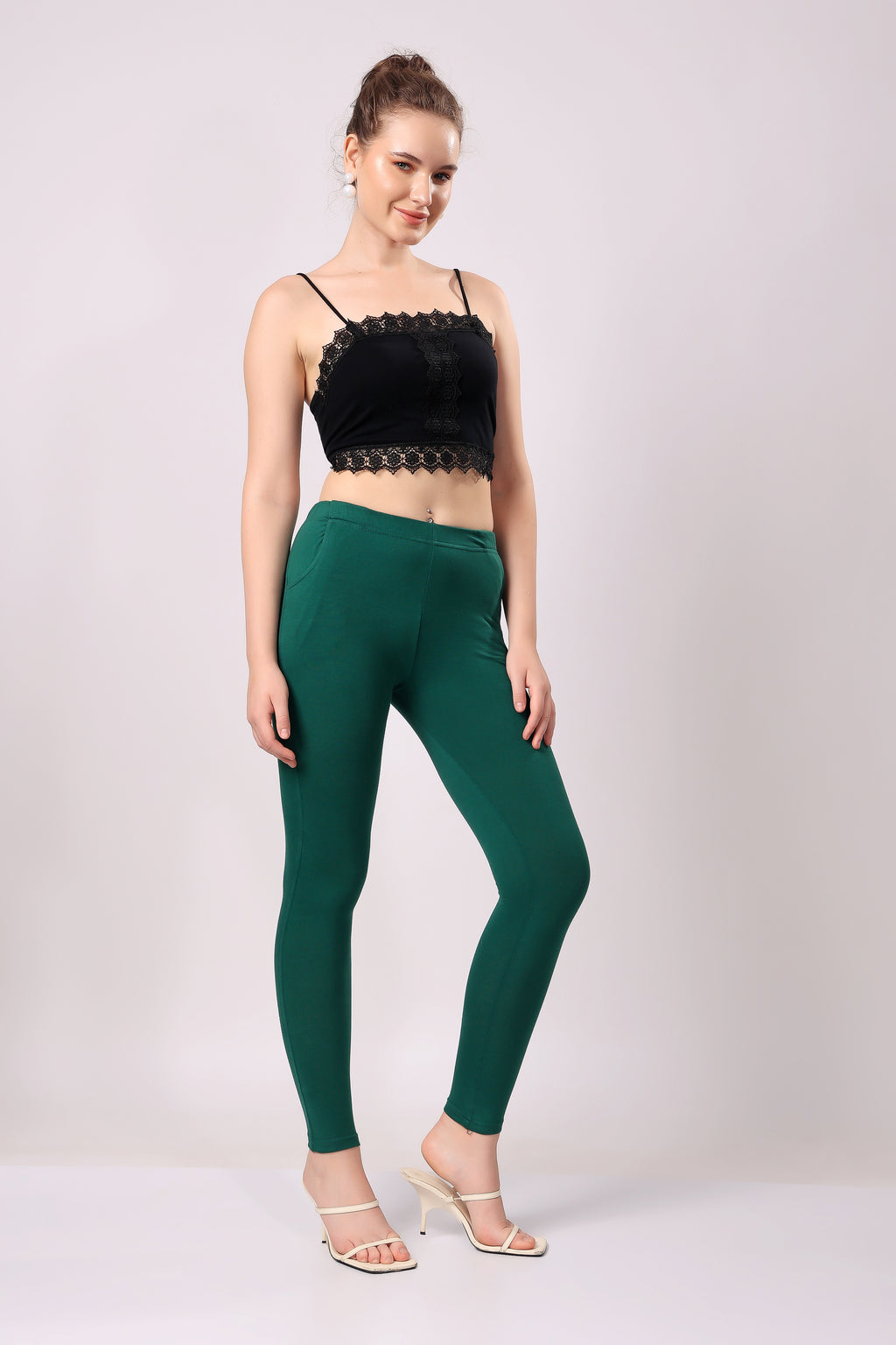 Saundarya Women’s Slim Fit Pocket  Super Combed Cotton Rich Lycra Fabric Tailored Cut Stretchable Solid Plain Color Leggings; Bottle Green
