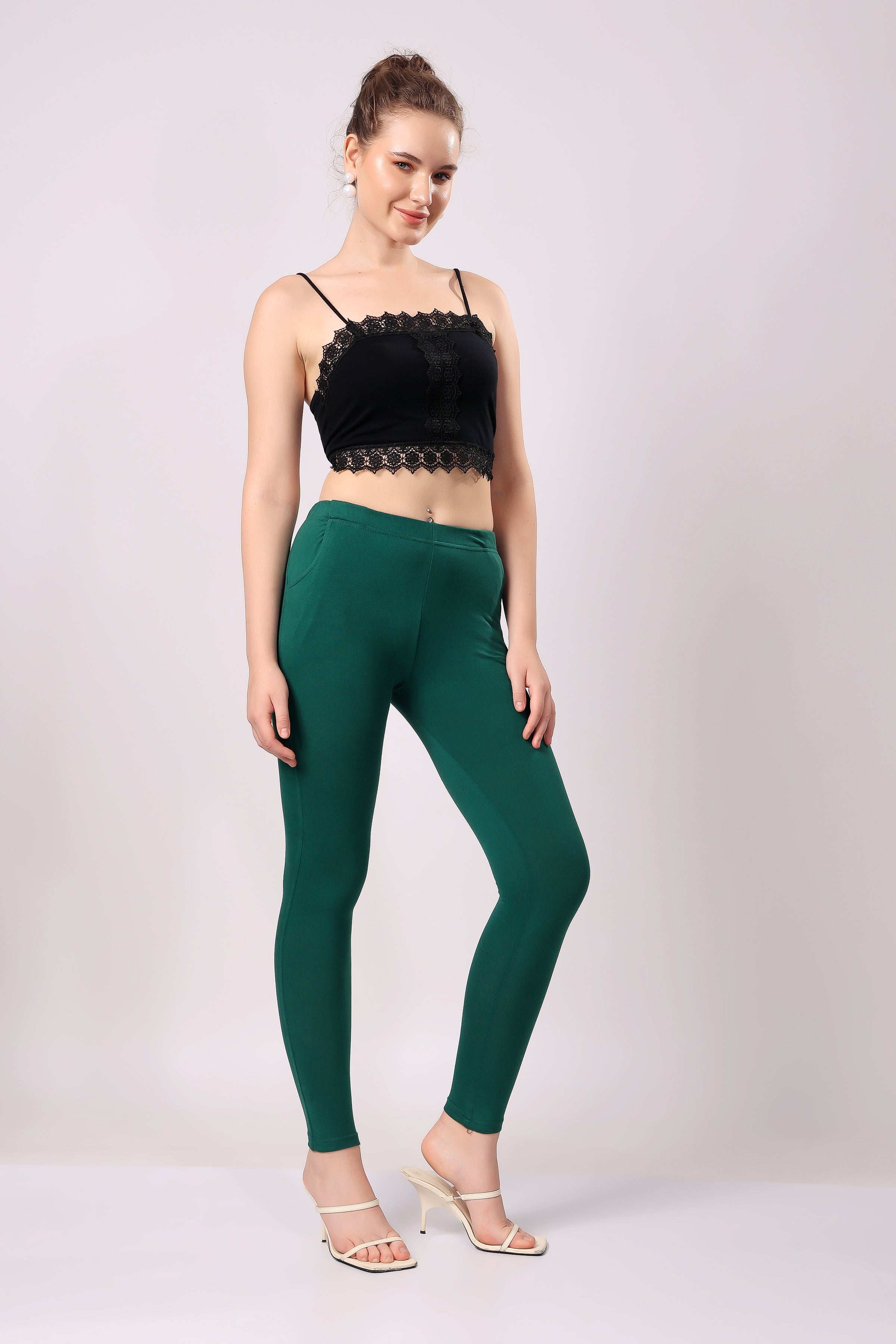 Saundarya Women’s Slim Fit Pocket  Super Combed Cotton Rich Lycra Fabric Tailored Cut Stretchable Solid Plain Color Leggings; Bottle Green