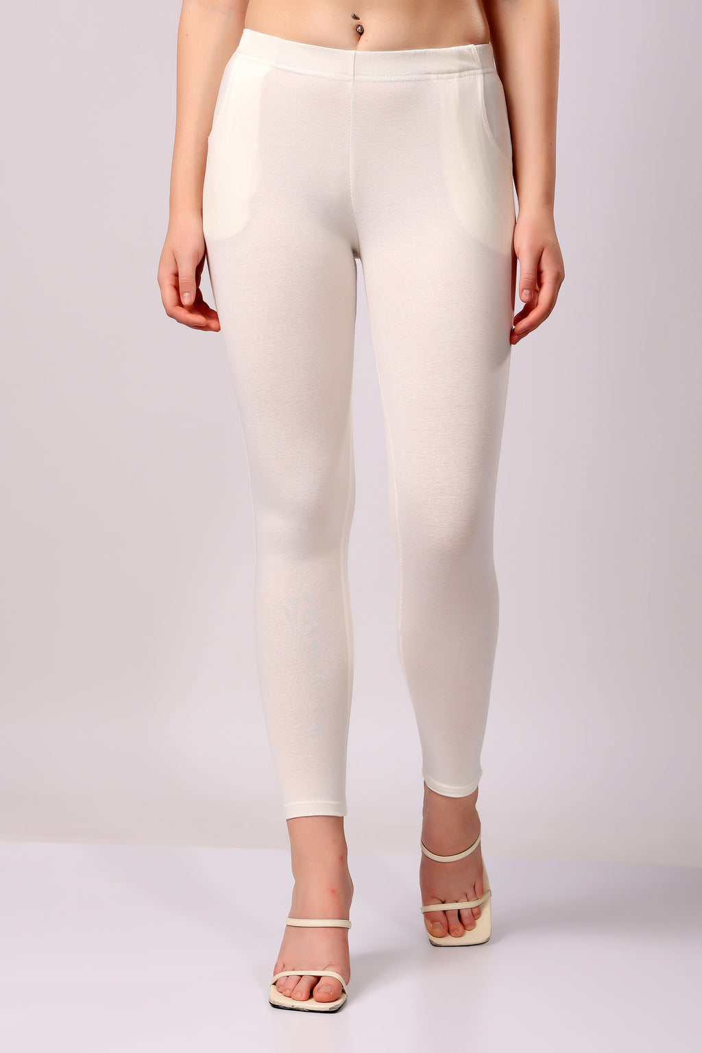 Saundarya Women’s Slim Fit Pocket  Super Combed Cotton Rich Lycra Fabric Tailored Cut Stretchable Solid Plain Color Leggings; Off White