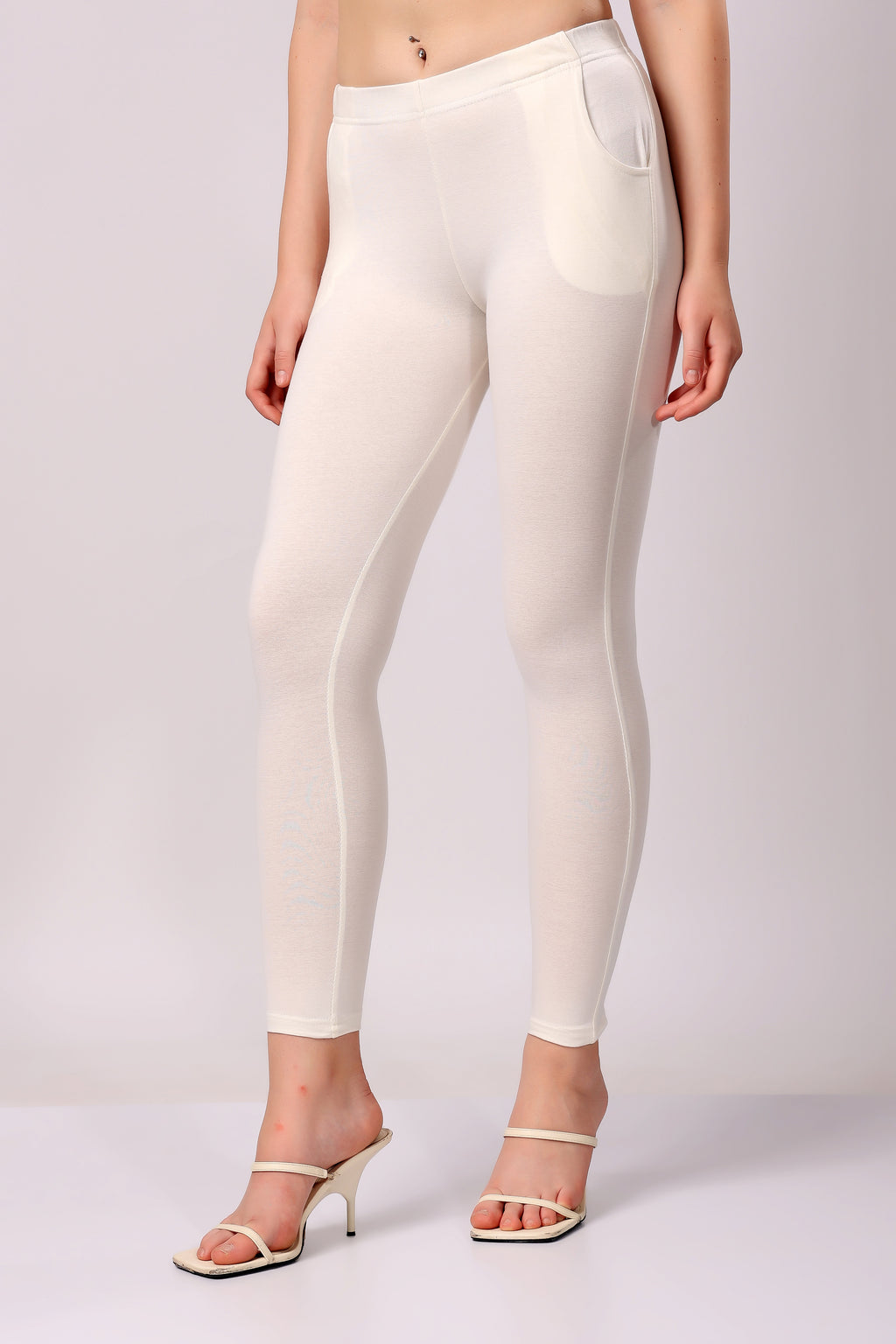 Saundarya Women’s Slim Fit Pocket  Super Combed Cotton Rich Lycra Fabric Tailored Cut Stretchable Solid Plain Color Leggings; Off White