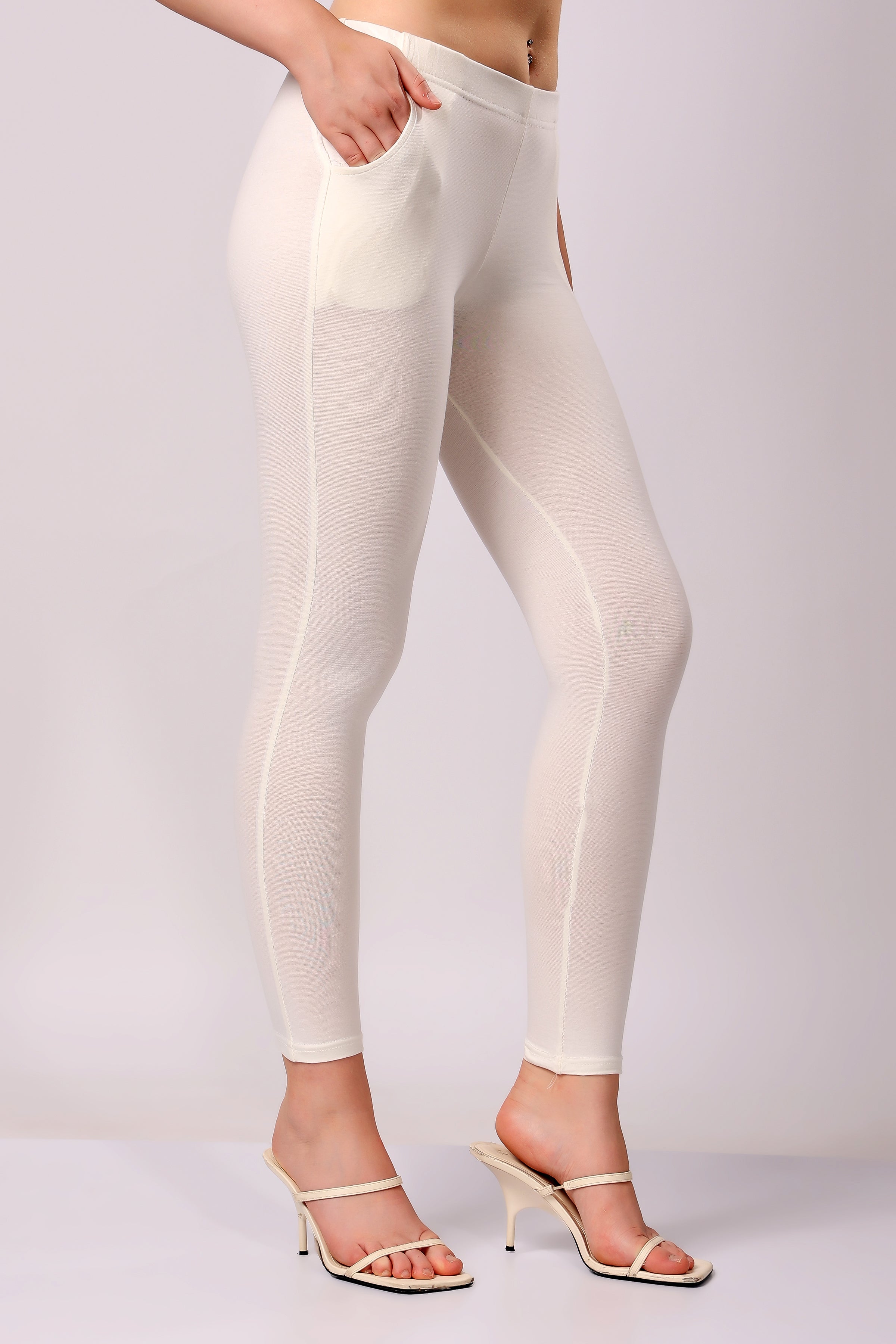 Saundarya Women’s Slim Fit Pocket  Super Combed Cotton Rich Lycra Fabric Tailored Cut Stretchable Solid Plain Color Leggings; Off White