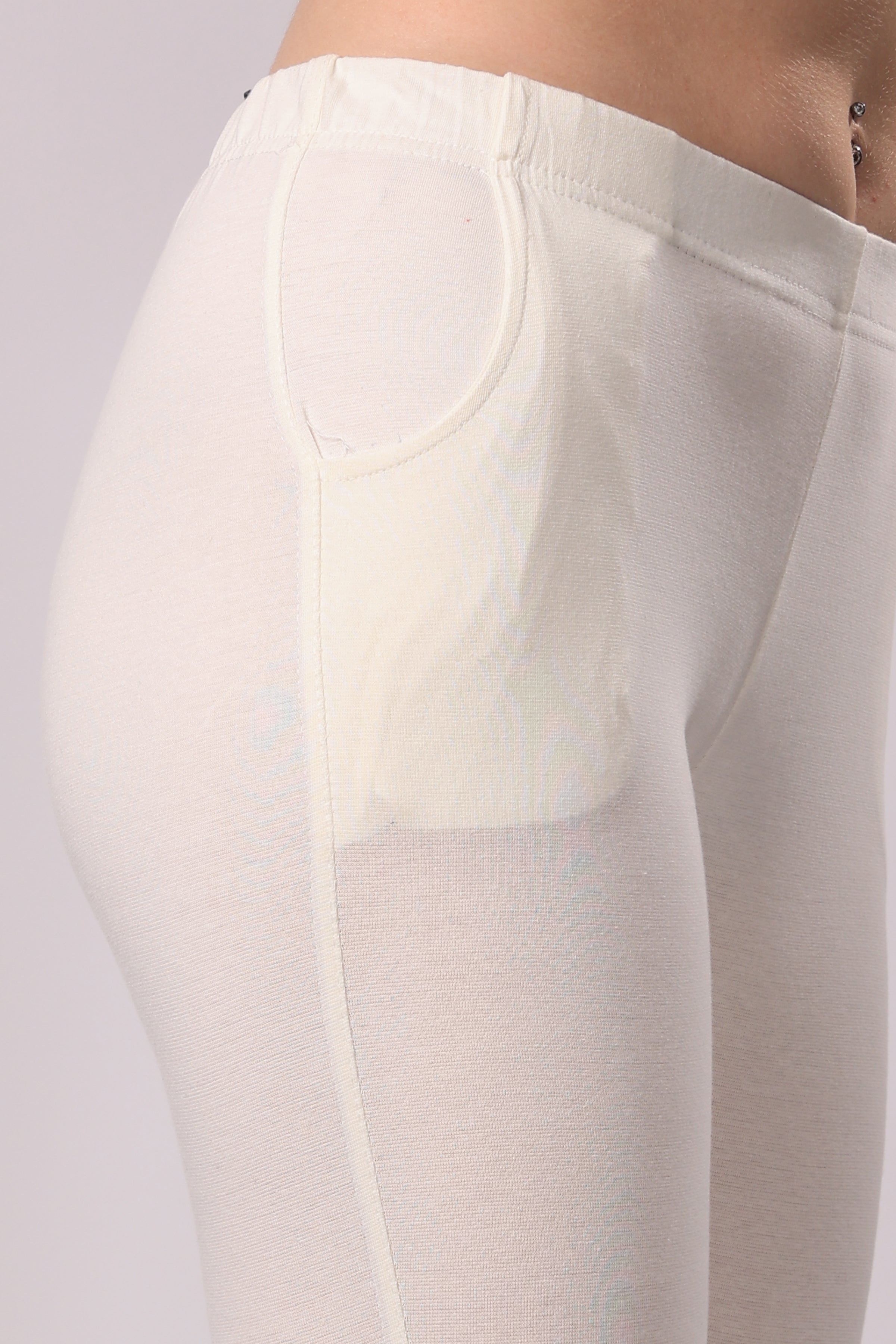 Saundarya Women’s Slim Fit Pocket  Super Combed Cotton Rich Lycra Fabric Tailored Cut Stretchable Solid Plain Color Leggings; Off White