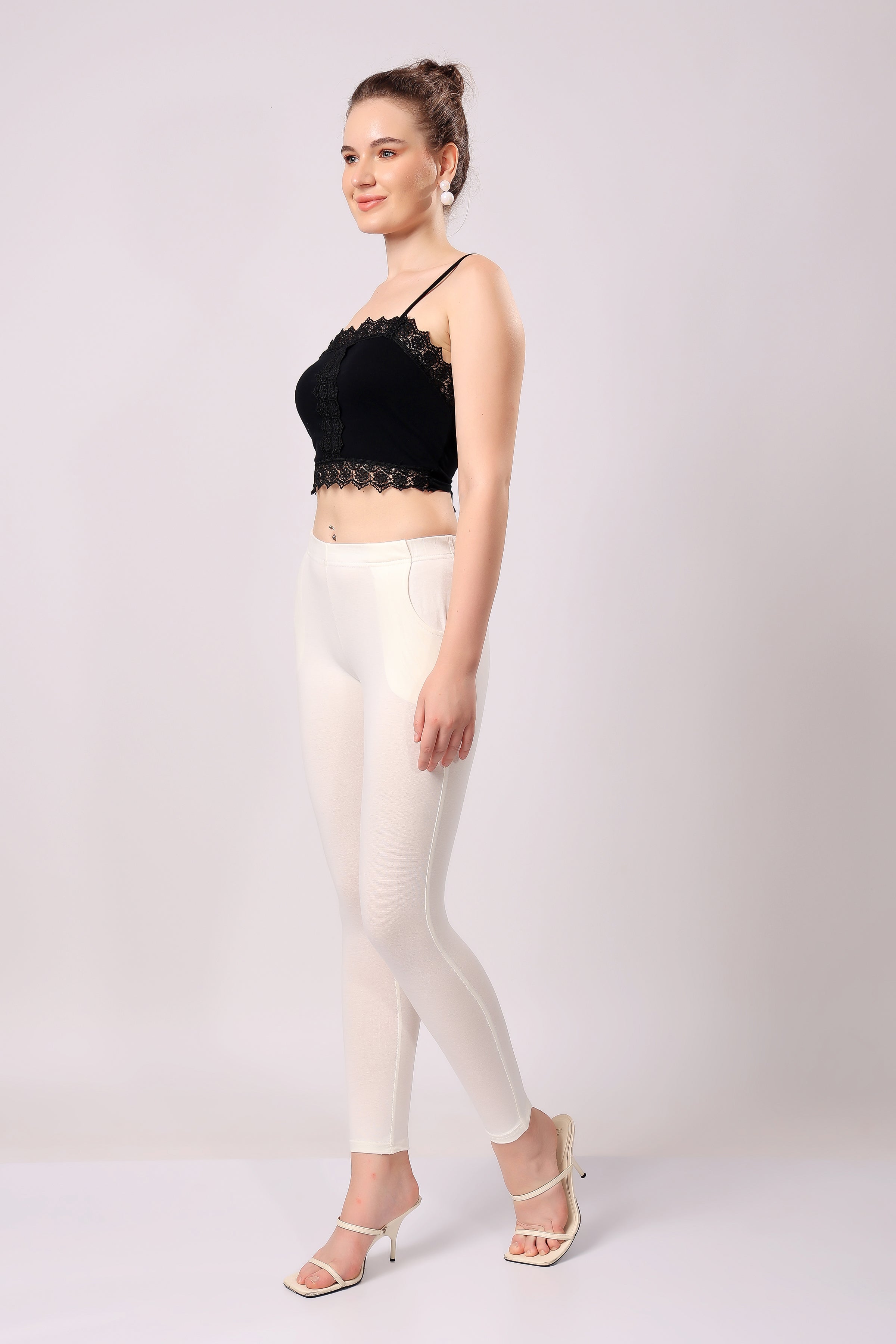 Saundarya Women’s Slim Fit Pocket  Super Combed Cotton Rich Lycra Fabric Tailored Cut Stretchable Solid Plain Color Leggings; Off White