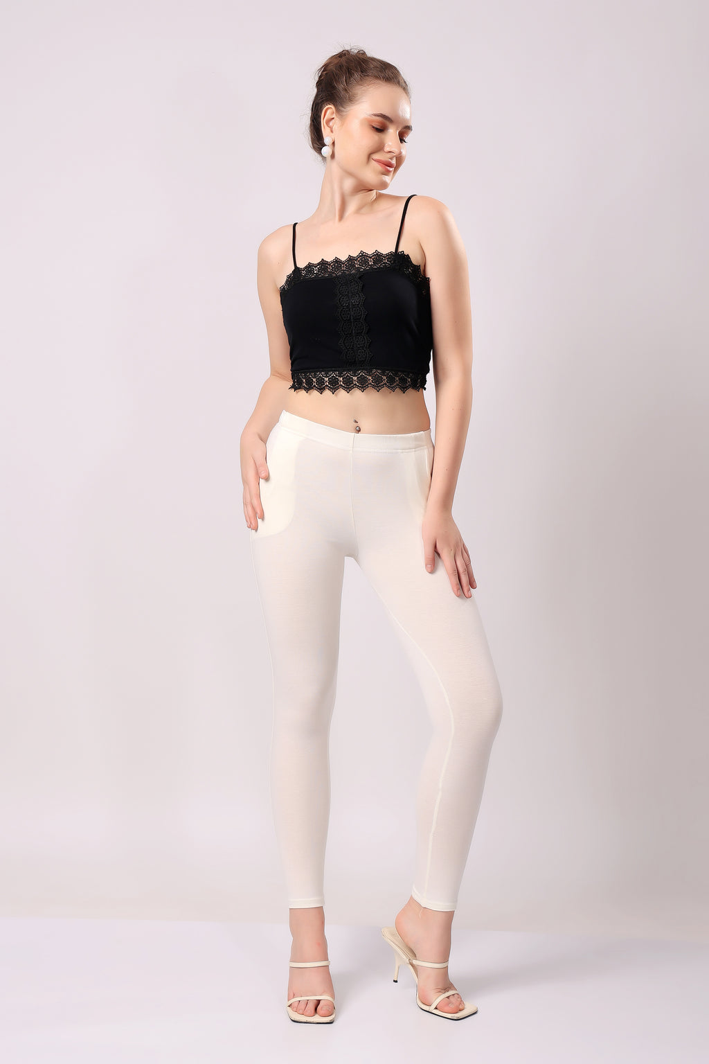 Saundarya Women’s Slim Fit Pocket  Super Combed Cotton Rich Lycra Fabric Tailored Cut Stretchable Solid Plain Color Leggings; Off White