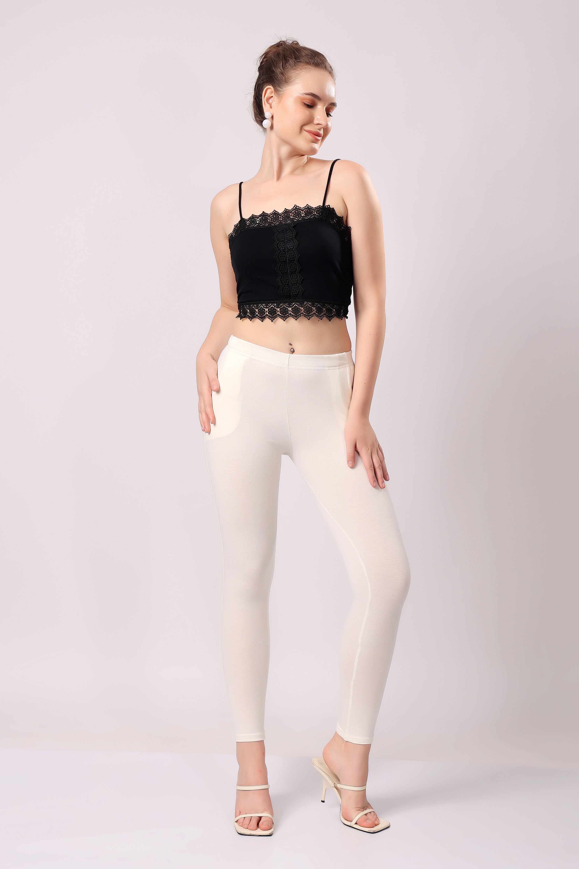 Saundarya Women’s Slim Fit Pocket  Super Combed Cotton Rich Lycra Fabric Tailored Cut Stretchable Solid Plain Color Leggings; Off White