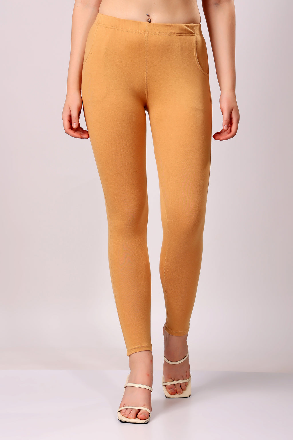 Saundarya Women’s Slim Fit Pocket  Super Combed Cotton Rich Lycra Fabric Tailored Cut Stretchable Solid Plain Color Leggings; Dark Beige