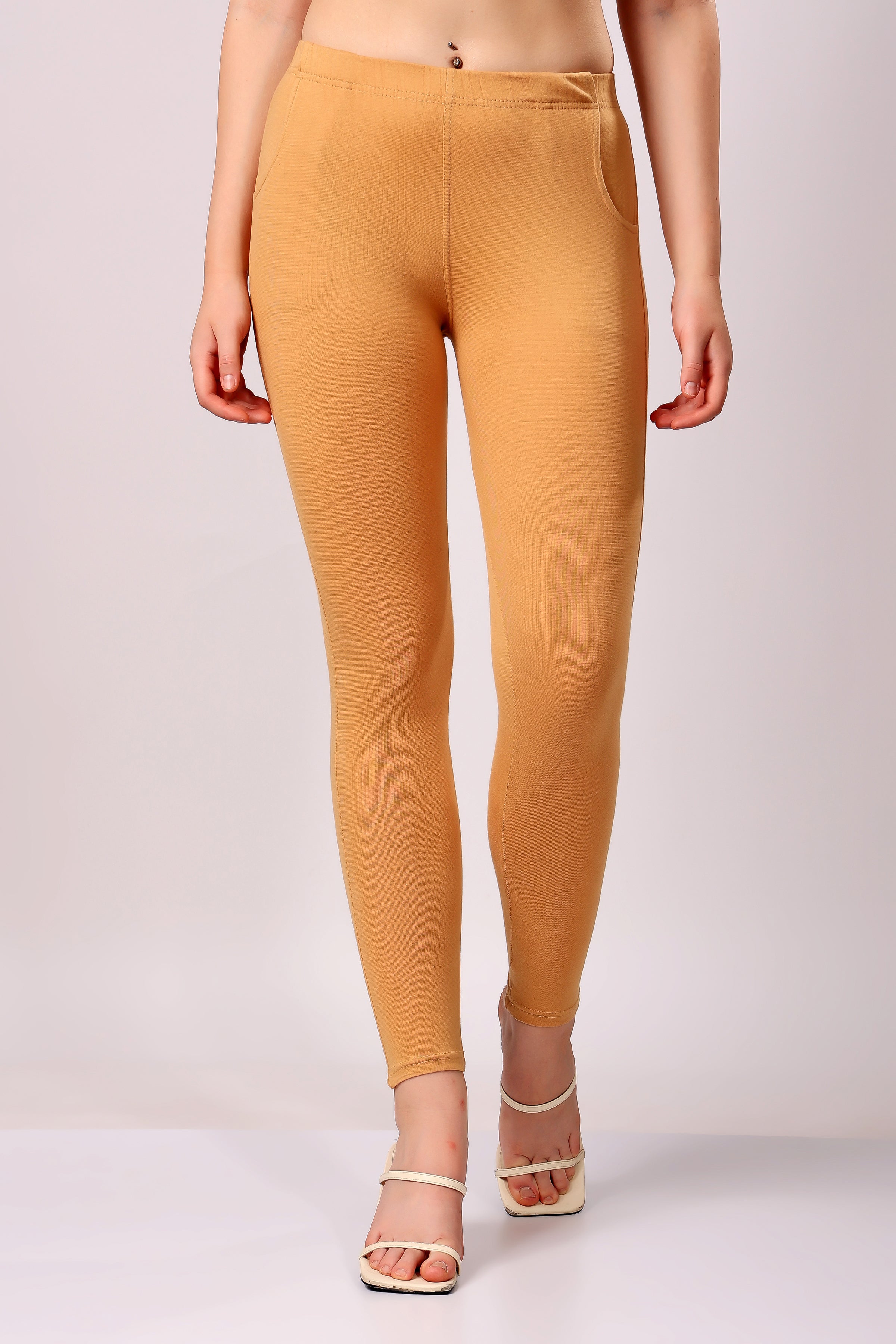 Saundarya Women’s Slim Fit Pocket  Super Combed Cotton Rich Lycra Fabric Tailored Cut Stretchable Solid Plain Color Leggings; Dark Beige