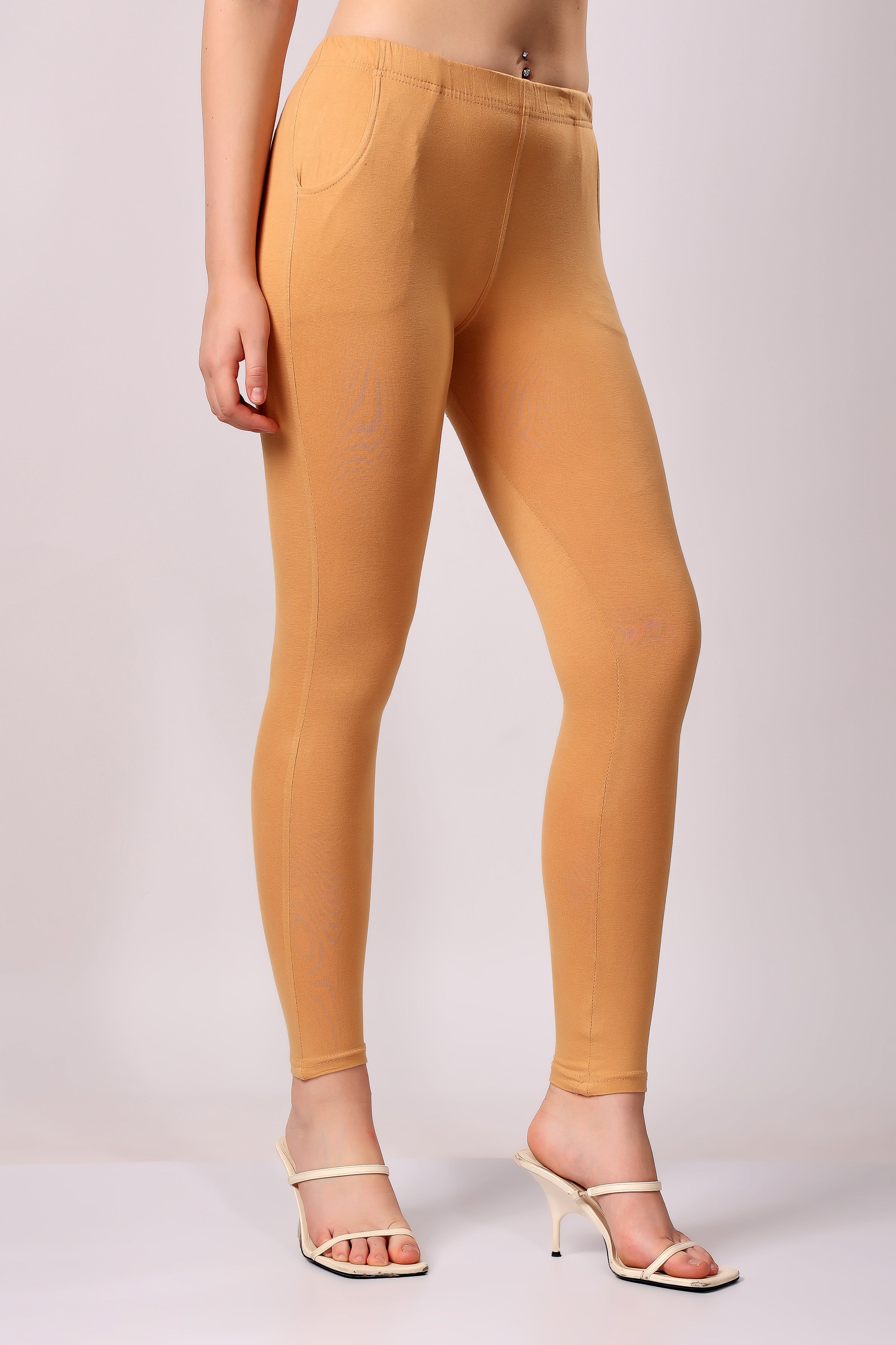 Saundarya Women’s Slim Fit Pocket  Super Combed Cotton Rich Lycra Fabric Tailored Cut Stretchable Solid Plain Color Leggings; Dark Beige