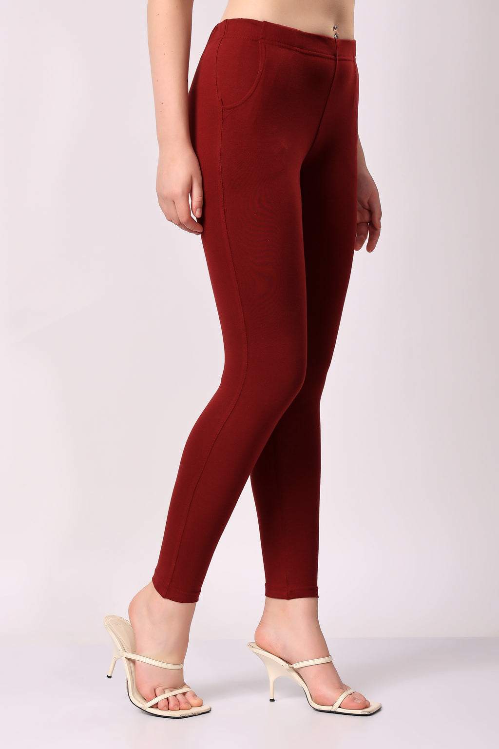 Saundarya Women’s Slim Fit Pocket  Super Combed Cotton Rich Lycra Fabric Tailored Cut Stretchable Solid Plain Color Leggings; Dark Maroon