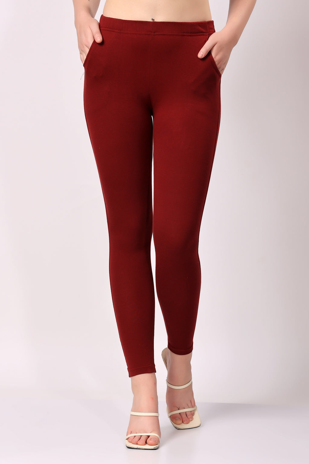 Saundarya Women’s Slim Fit Pocket  Super Combed Cotton Rich Lycra Fabric Tailored Cut Stretchable Solid Plain Color Leggings; Dark Maroon