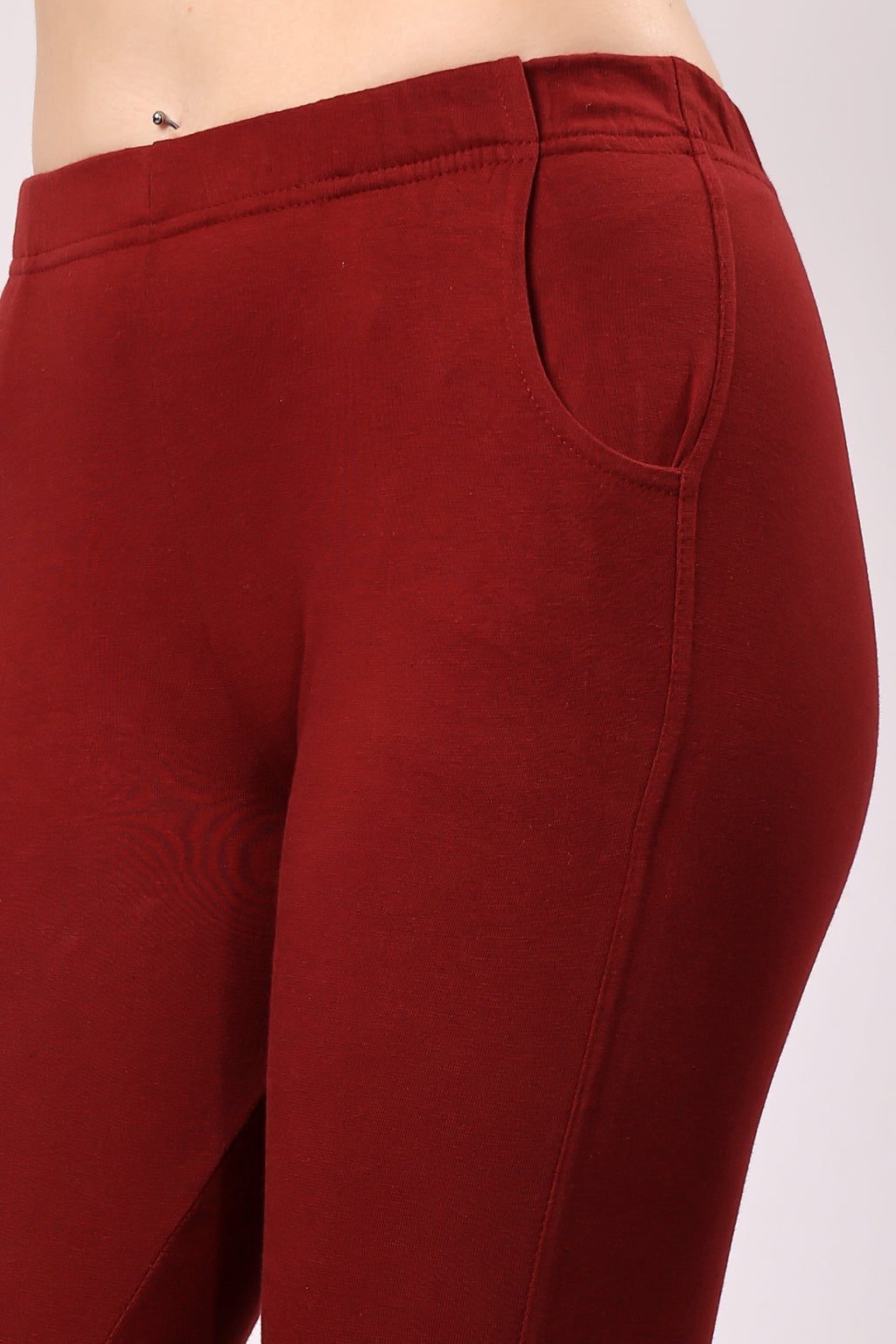 Saundarya Women’s Slim Fit Pocket  Super Combed Cotton Rich Lycra Fabric Tailored Cut Stretchable Solid Plain Color Leggings; Dark Maroon
