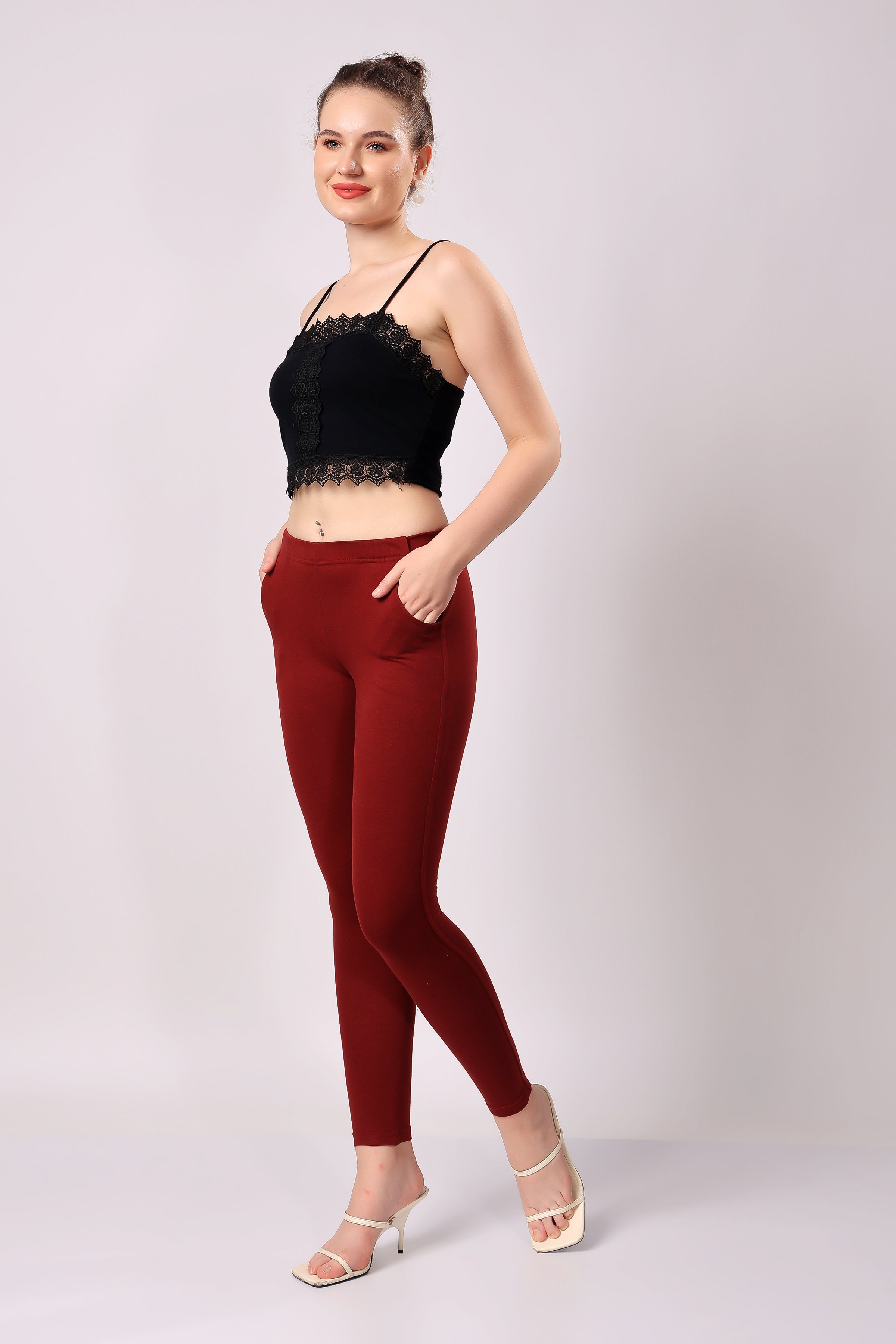 Saundarya Women’s Slim Fit Pocket  Super Combed Cotton Rich Lycra Fabric Tailored Cut Stretchable Solid Plain Color Leggings; Dark Maroon