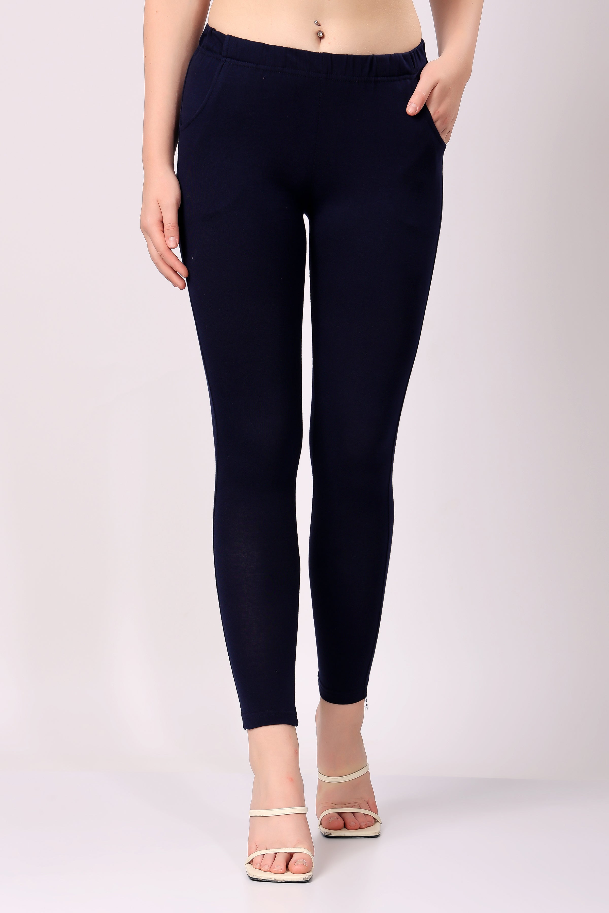 Saundarya Women’s Slim Fit Pocket  Super Combed Cotton Rich Lycra Fabric Tailored Cut Stretchable Solid Plain Color Leggings; Navy Blue