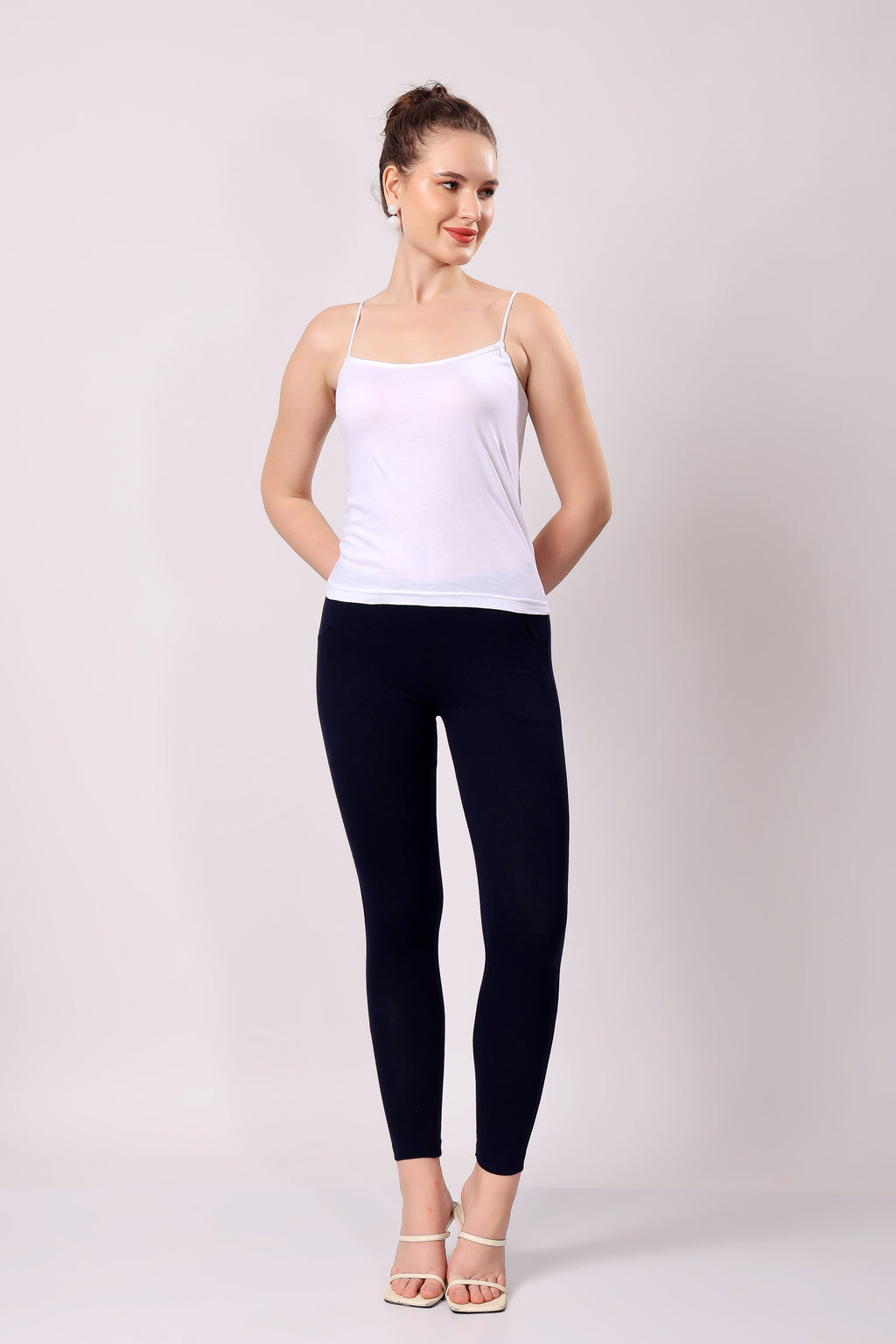 Saundarya Women’s Slim Fit Pocket  Super Combed Cotton Rich Lycra Fabric Tailored Cut Stretchable Solid Plain Color Leggings; Navy Blue