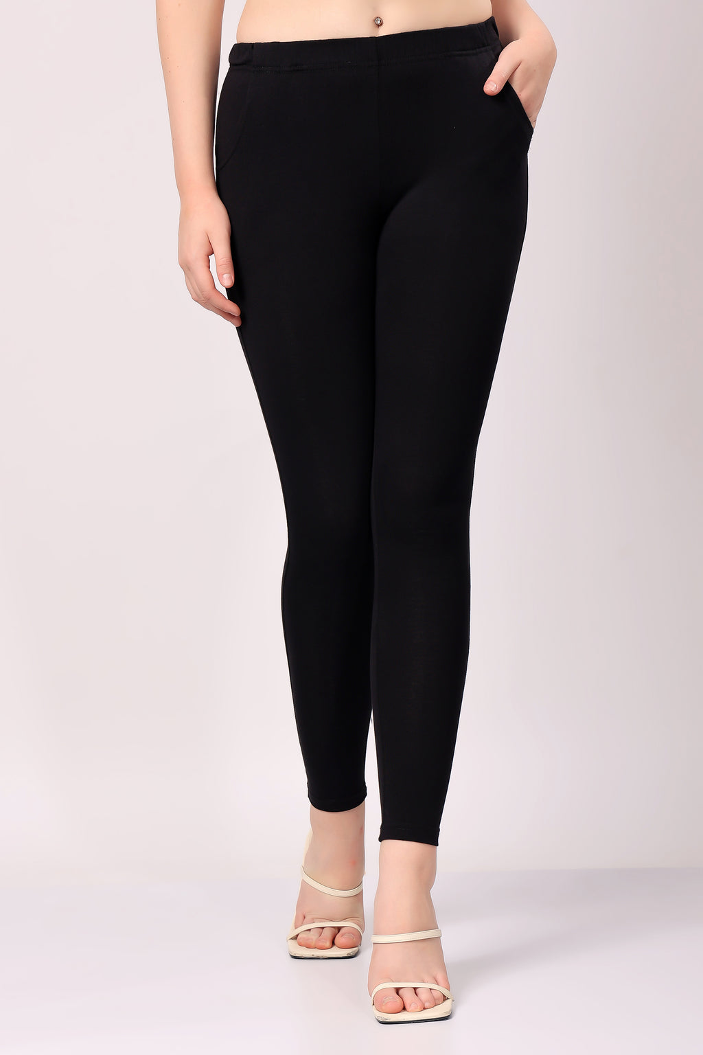 Saundarya Women’s Slim Fit Pocket  Super Combed Cotton Rich Lycra Fabric Tailored Cut Stretchable Solid Plain Color Leggings; Black