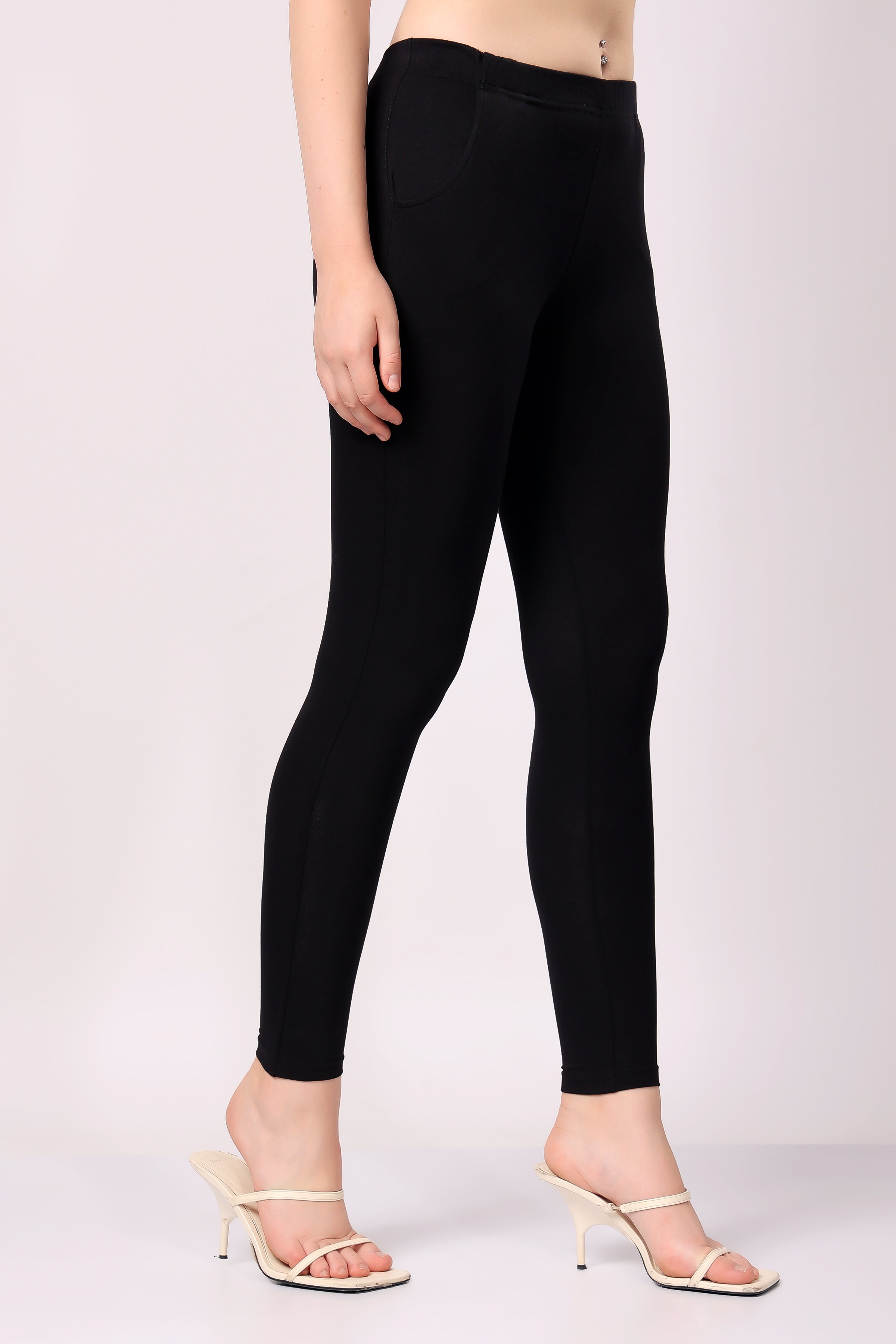Saundarya Women’s Slim Fit Pocket  Super Combed Cotton Rich Lycra Fabric Tailored Cut Stretchable Solid Plain Color Leggings; Black