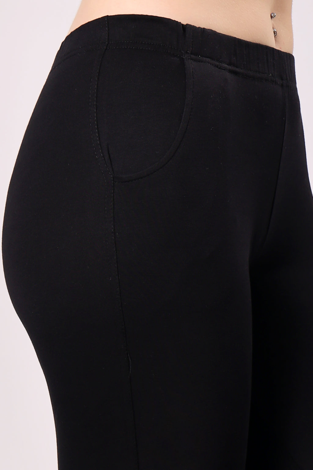 Saundarya Women’s Slim Fit Pocket  Super Combed Cotton Rich Lycra Fabric Tailored Cut Stretchable Solid Plain Color Leggings; Black