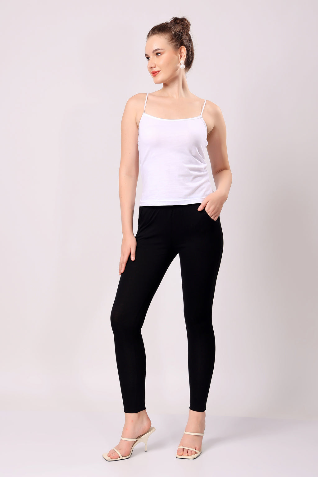 Saundarya Women’s Slim Fit Pocket  Super Combed Cotton Rich Lycra Fabric Tailored Cut Stretchable Solid Plain Color Leggings; Black