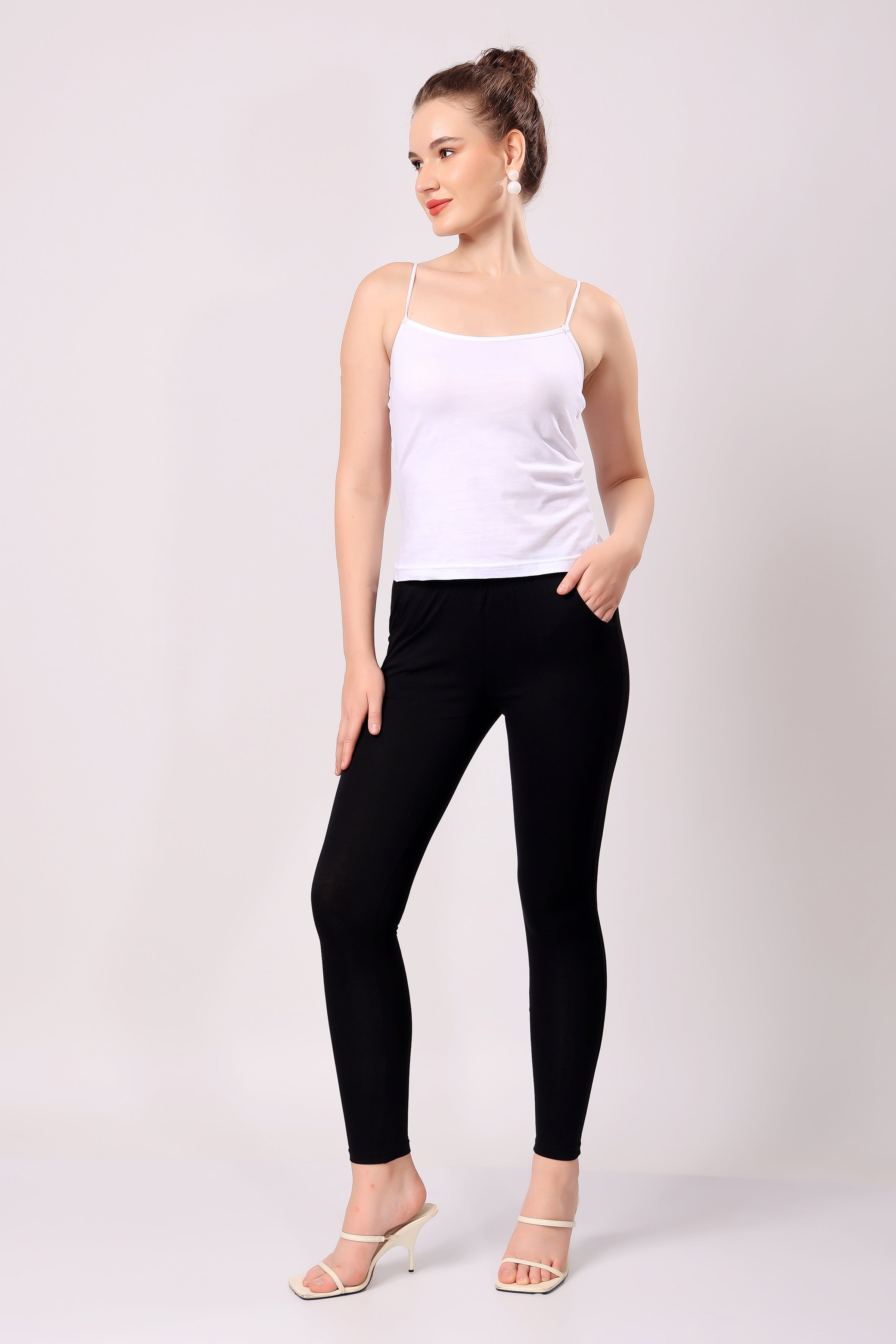 Saundarya Women’s Slim Fit Pocket  Super Combed Cotton Rich Lycra Fabric Tailored Cut Stretchable Solid Plain Color Leggings; Black